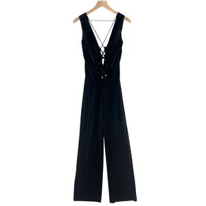 DO+BE Black Stretch Velvet‎ Strappy Lace Up Deep V-Neck Sleeveless Jumpsuit S